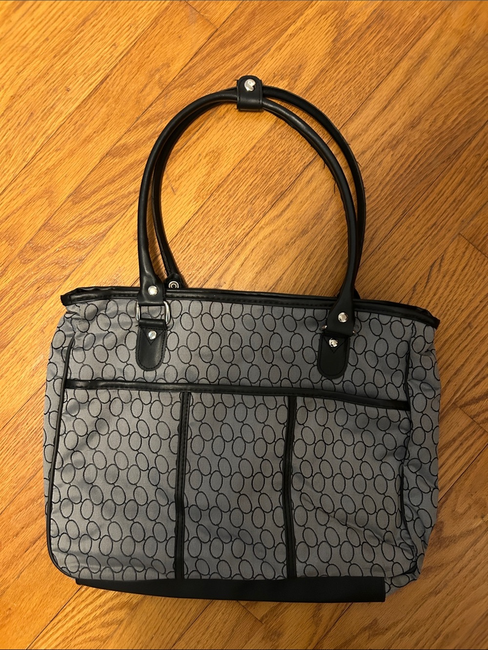 Gray Patterned Tote Bag with Black Trim - Women's Handbag